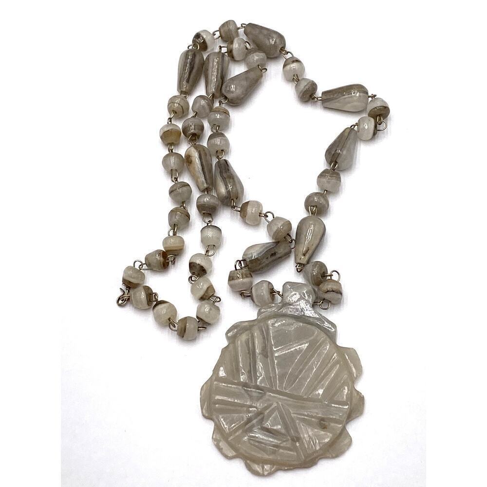 Vintage Carved Stone Necklace Grey White Statement Pendant 27โ